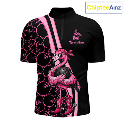 Funny Cute Pink Flamingo Custom Black and Pink Bowling Shirts For Men, Flamingo Bowling Team Outfits NQS11545