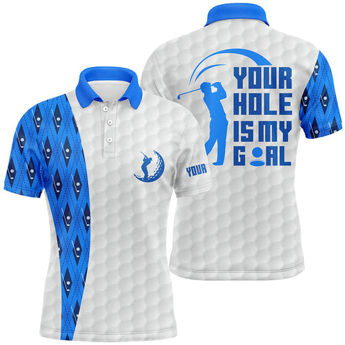 Funny Mens golf polos shirts custom your hole is my goal blue argyle pattern white golf balls shirts NQS6218