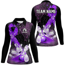 Load image into Gallery viewer, Personalized Purple Ribbons Grunge Bowling Shirts For Women, Custom breast cancer bowling Team shirts NQS8353