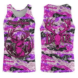 Pink glitter camo hunting Customize Name 3D All Over Printed Shirts, Deer hunting shirts for women NQS1051