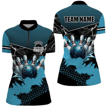 Load image into Gallery viewer, Black and Blue Grunge Lightning Thunder Bowling Shirts For Women Custom Bowling Team League Jerseys NQS8803