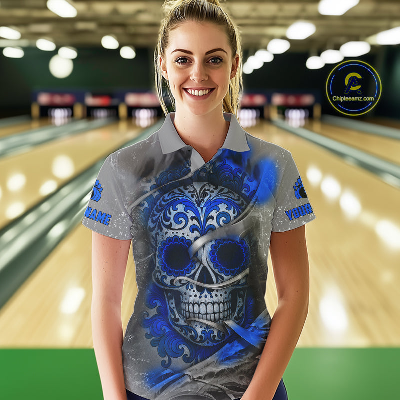 Blue Sugar Skull Tattoo Custom Women Bowling Polo, Quarter Zip Shirts,Team Bowling Jerseys NQS10947
