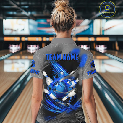 Blue Sugar Skull Tattoo Custom Women Bowling Polo, Quarter Zip Shirts,Team Bowling Jerseys NQS10947
