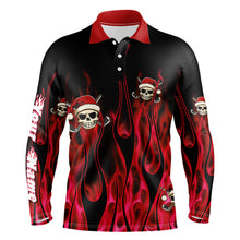 Load image into Gallery viewer, Black and Red Flame Mens golf polo shirts custom Red Fire Santa Skull Christmas golf apparel NQS9041