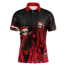 Load image into Gallery viewer, Black and Red Flame Mens golf polo shirts custom Red Fire Santa Skull Christmas golf apparel NQS9041