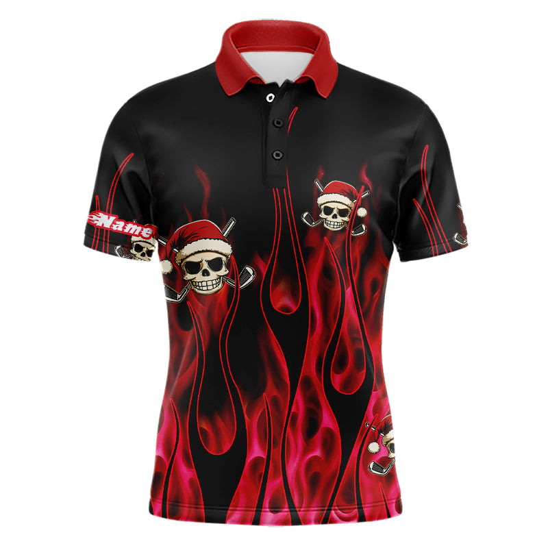 Black and Red Flame Mens golf polo shirts custom Red Fire Santa Skull Christmas golf apparel NQS9041