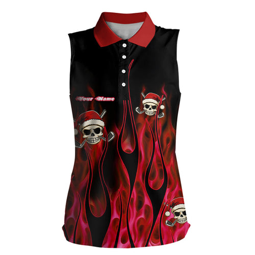 Black and Red Flame Women Sleeveless polo Shirts custom Red Fire Santa Skull Christmas golf apparel NQS9041