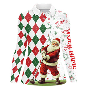 Christmas Santa golfer Womens golf polo Shirts custom red, white, green argyle pattern Xmas golf gifts NQS9050