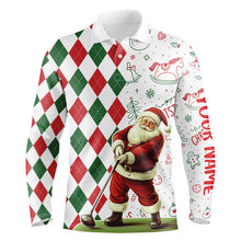 Load image into Gallery viewer, Christmas Santa golfer Mens golf polo shirts custom red, white, green argyle pattern Xmas golf gifts NQS9050