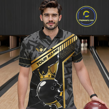 Black Camo and Gold Broken Crown Bowling Ball Bowling Shirts For Men Custom Bowling Team Jerseys NQS11139