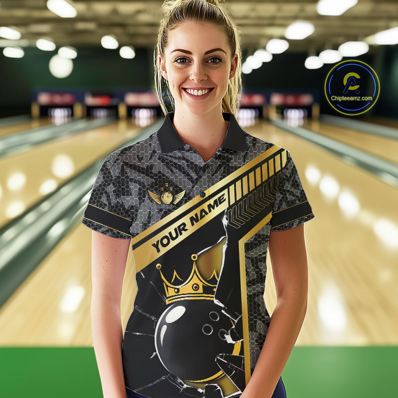 Black Camo and Gold Broken Crown Bowling Ball Bowling Shirts For Women Custom Bowling Team Jerseys NQS11139