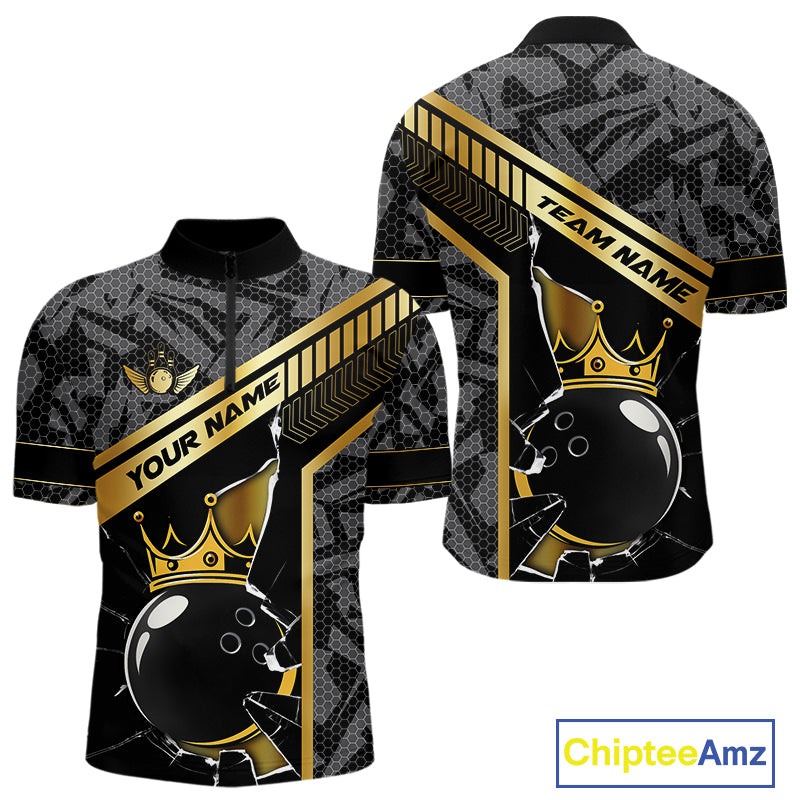 Black Camo and Gold Broken Crown Bowling Ball Bowling Shirts For Men Custom Bowling Team Jerseys NQS11139