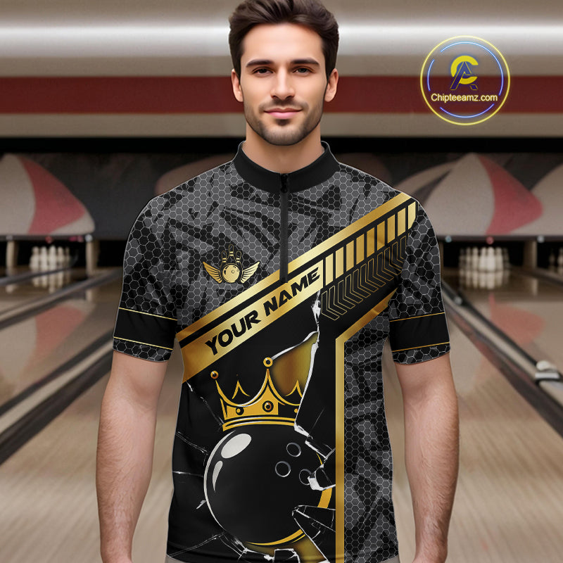 Black Camo and Gold Broken Crown Bowling Ball Bowling Shirts For Men Custom Bowling Team Jerseys NQS11139