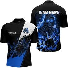 Load image into Gallery viewer, Black and Blue Skull reaper bowling jerseys Polo, 1/4 Zip Shirt for Men Custom Bowling Team shirts NQS9278
