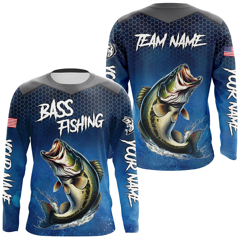 Blue camo Largemouth Bass fishing Custom performance long sleeve team Bass fishing tournament shirts NQS7364