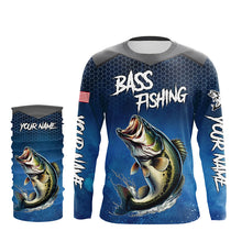 Load image into Gallery viewer, Blue camo Largemouth Bass fishing Custom performance long sleeve team Bass fishing tournament shirts NQS7364