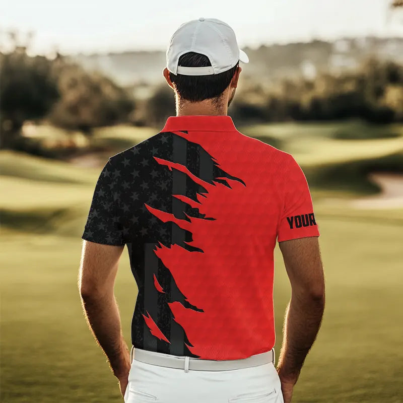 Personalized Mens golf polos shirts custom red golf ball skin black American flag mens golf apparel NQS9776