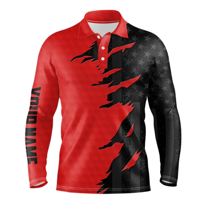 Personalized Mens golf polos shirts custom red golf ball skin black American flag mens golf apparel NQS9776