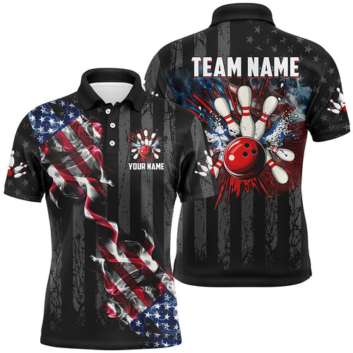 Black American flag smoke Bowling Polo, Quarter Zip shirt For Men Custom Patriotic Team Bowling Jersey NQS7689