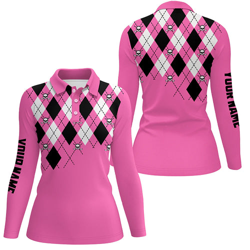 Womens golf polo shirt plus size pink argyle plaid golf skull pattern custom ladies pink golf tops NQS6020