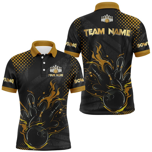 Personalized Black and Gold Bowling Polo, 1/4 Zip Shirts For Men, Custom bowling Team Jerseys NQS8358