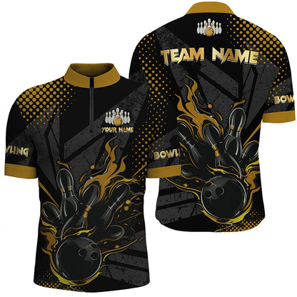 Personalized Black and Gold Bowling Polo, 1/4 Zip Shirts For Men, Custom bowling Team Jerseys NQS8358