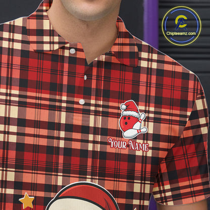 Funny Santa Christmas Bowling Polo, Quarter Zip shirts for men Custom Red Plaid bowling jerseys men NQS10957