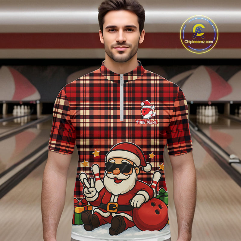Funny Santa Christmas Bowling Polo, Quarter Zip shirts for men Custom Red Plaid bowling jerseys men NQS10957