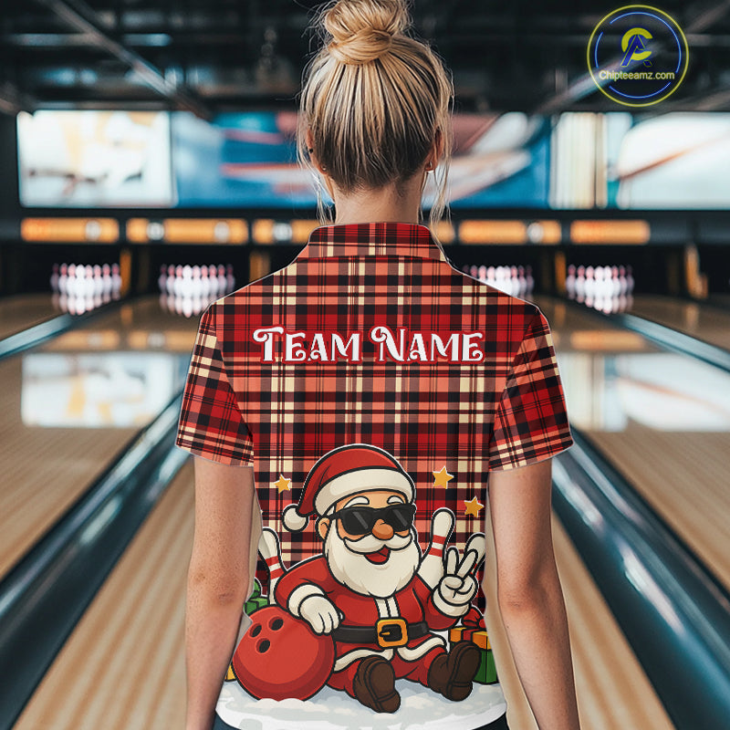 Funny Santa Christmas Bowling shirts for Women Custom Red Plaid bowling outfits for women NQS10957