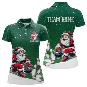 Christmas Santa Bowling Polo, Quarter Zip Shirt For Women Custom Christmas Bowling Team Jersey | Green NQS9053