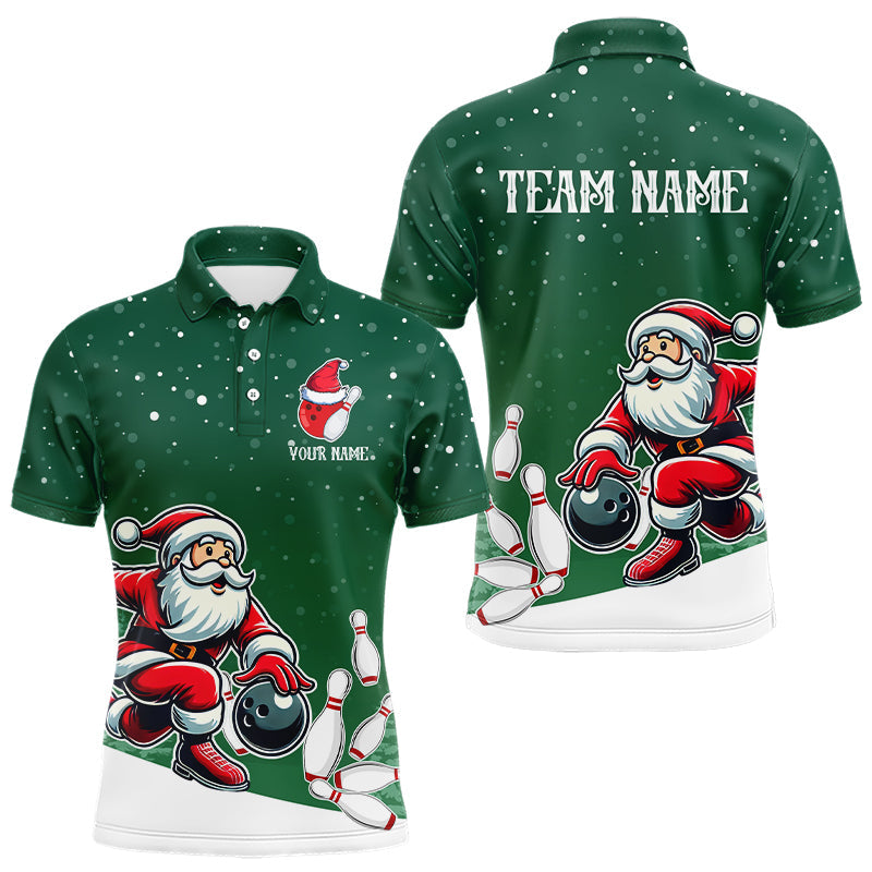 Christmas Santa Bowling Polo, Quarter Zip Shirts For Men Custom Christmas Bowling Team Jerseys | Green NQS9053