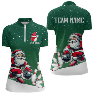 Christmas Santa Bowling Polo, Quarter Zip Shirt For Women Custom Christmas Bowling Team Jersey | Green NQS9053