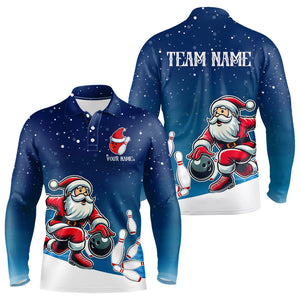 Christmas Santa Bowling Polo, Quarter Zip Shirts For Men Custom Christmas Bowling Team Jerseys | Blue NQS9054