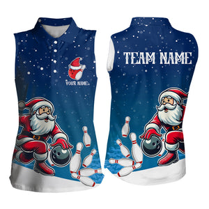 Christmas Santa Bowling Sleeveless Polo Shirts For Women Custom Christmas Bowling Team Jerseys | Blue NQS9054