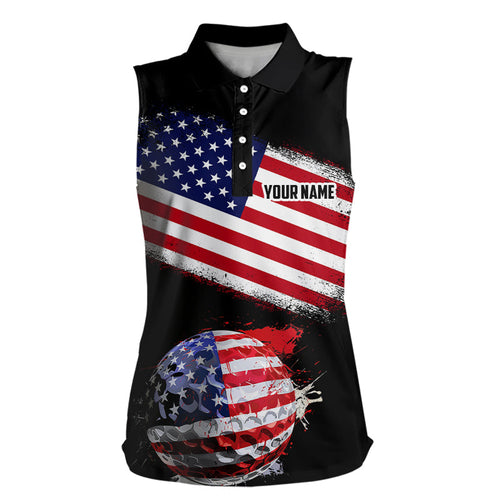 American Flag Golf Ball Black Women sleeveless polo shirt custom patriotic golf tops for ladies NQS9057