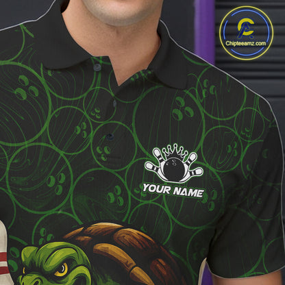 Black and Green Camo Funny Turtle Bowling Polo, Quarter Zip Shirt For Men Custom Team Bowling jerseys NQS11337