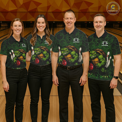 Black and Green Camo Funny Turtle Bowling Polo, 1/4 Zip Shirt For Women Custom Team Bowling jerseys NQS11337