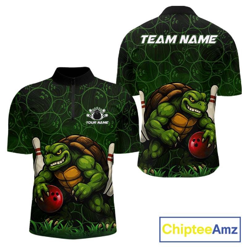 Black and Green Camo Funny Turtle Bowling Polo, Quarter Zip Shirt For Men Custom Team Bowling jerseys NQS11337
