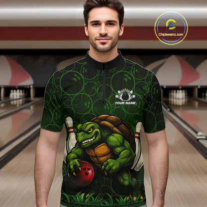 Black and Green Camo Funny Turtle Bowling Polo, Quarter Zip Shirt For Men Custom Team Bowling jerseys NQS11337