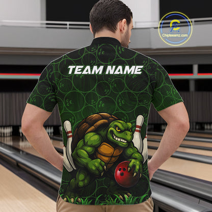 Black and Green Camo Funny Turtle Bowling Polo, Quarter Zip Shirt For Men Custom Team Bowling jerseys NQS11337