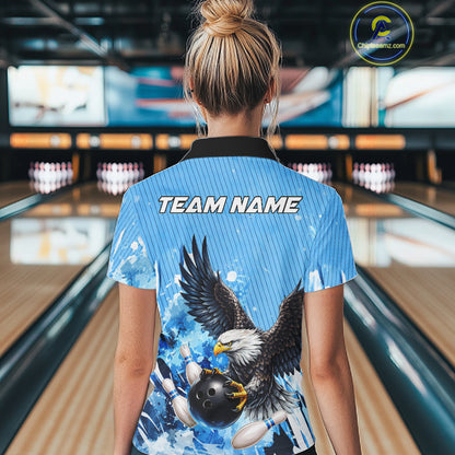 Blue Eagle Bowling Polo, Quarter Zip Shirt For Women Custom Team Bowling jerseys, Gift For Bowlers NQS11339