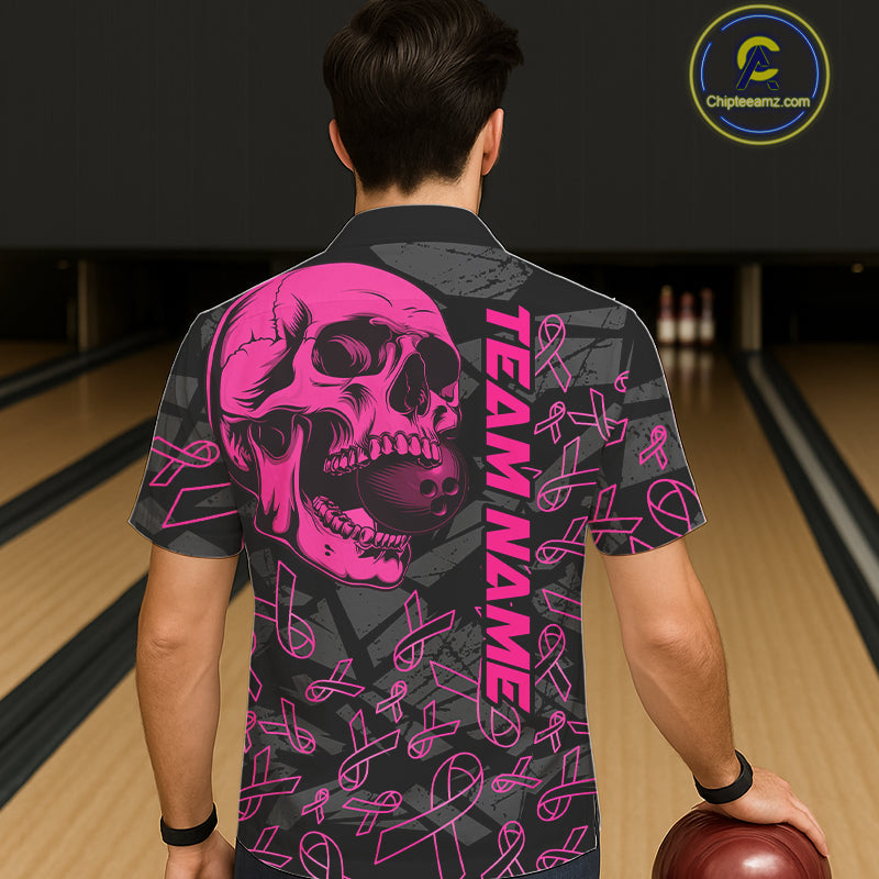 Black Skull camo pink ribbon pattern breast cancer bowling Hawaiian Shirt custom bowling team jersey NQS11549