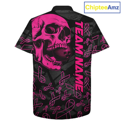 Black Skull camo pink ribbon pattern breast cancer bowling Hawaiian Shirt custom bowling team jersey NQS11549