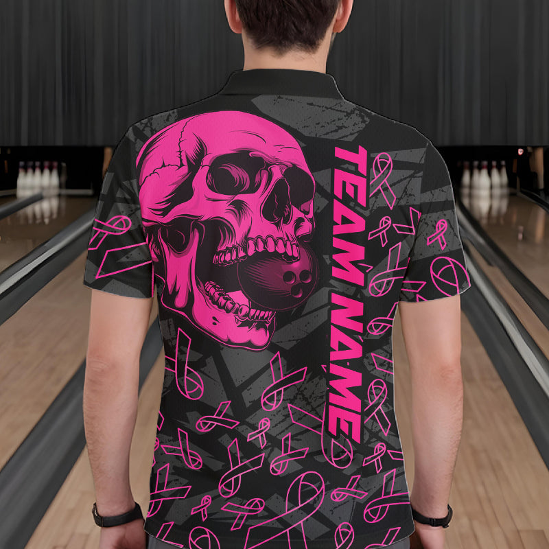 Black Skull camo pink ribbons pattern breast cancer bowling shirt for men custom bowling team jerseys NQS11549