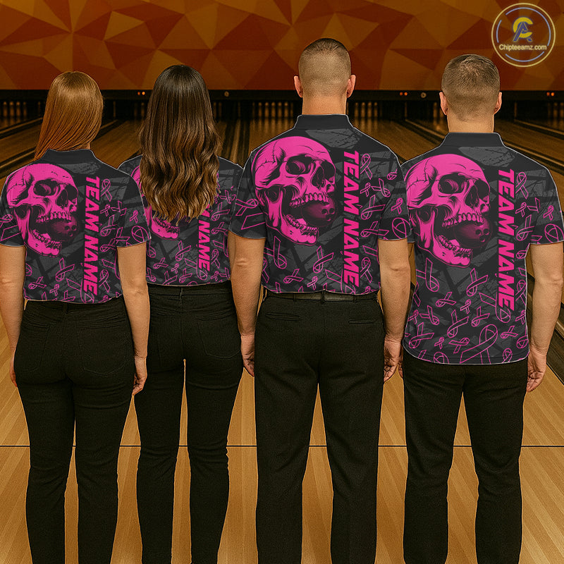 Black Skull camo pink ribbon pattern breast cancer bowling shirt for Women custom bowling team jersey NQS11549