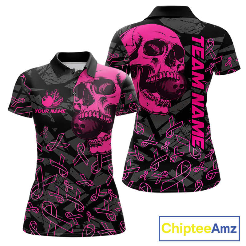 Black Skull camo pink ribbon pattern breast cancer bowling shirt for Women custom bowling team jersey NQS11549