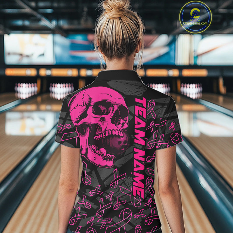 Black Skull camo pink ribbon pattern breast cancer bowling shirt for Women custom bowling team jersey NQS11549