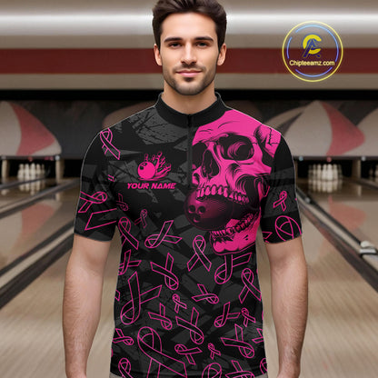 Black Skull camo pink ribbons pattern breast cancer bowling shirt for men custom bowling team jerseys NQS11549