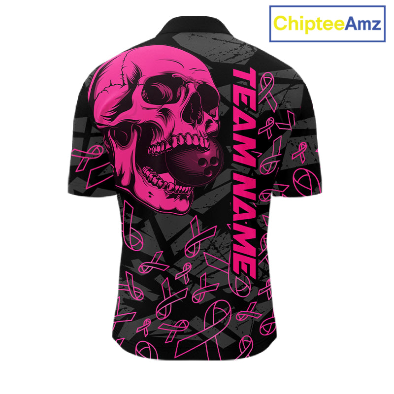 Black Skull camo pink ribbons pattern breast cancer bowling shirt for men custom bowling team jerseys NQS11549