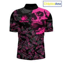 Load image into Gallery viewer, Black Skull camo pink ribbons pattern breast cancer bowling shirt for men custom bowling team jerseys NQS11549